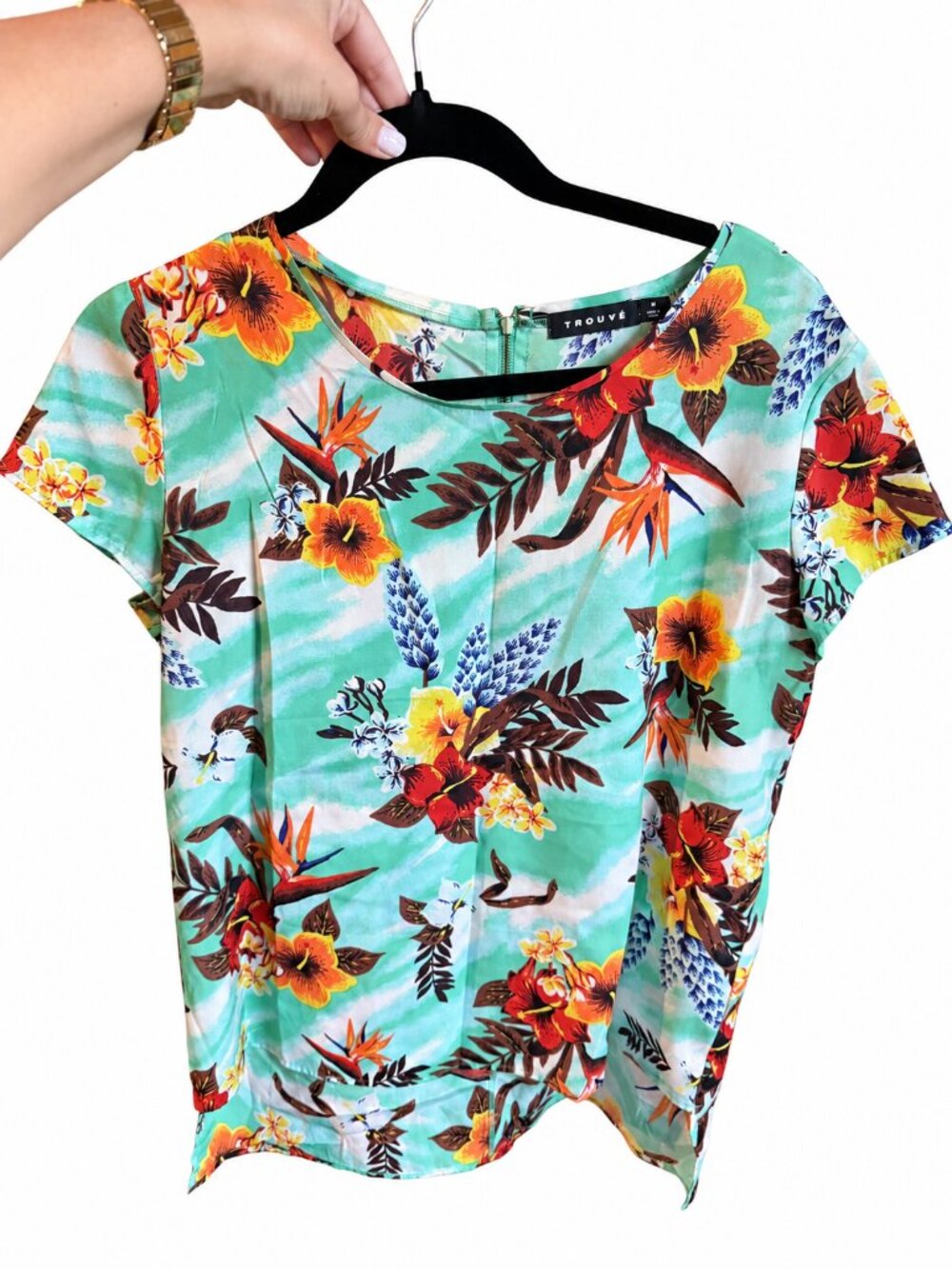 Trouvé Tropical Hawaiian Turquoise Floral Short Sleeve Blouse M
